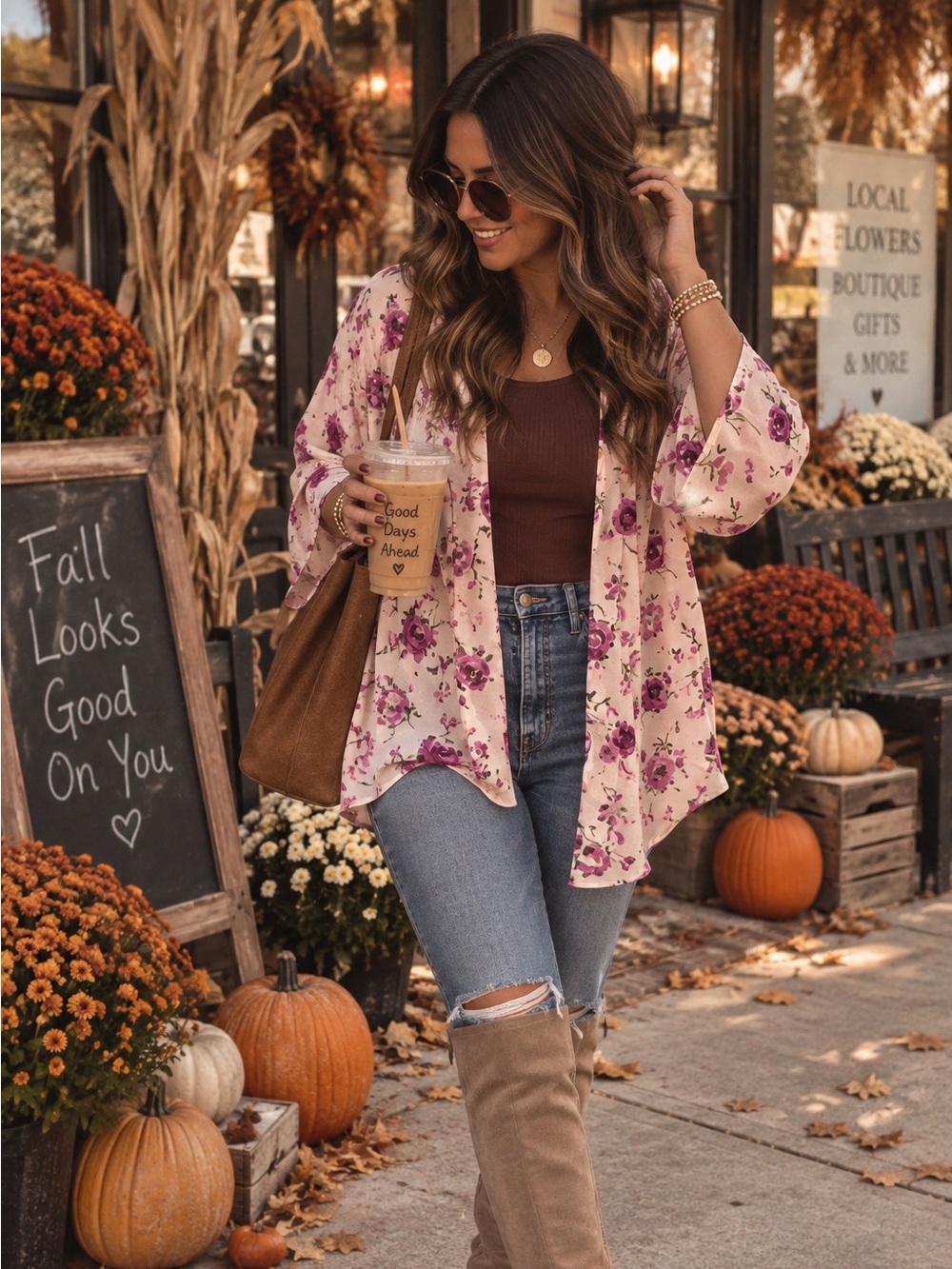 Boutique Pick 🎀✨ Peach Floral Kimono Cardigan with Purple Blooms